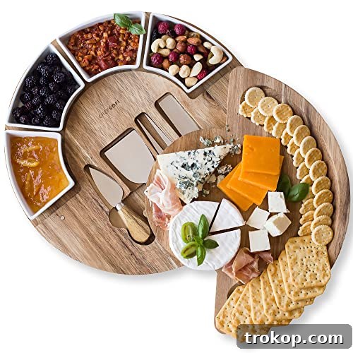 Charcuterie Cheese Board and Platter Set - Made from Acacia Wood - US Patented 13 inch Cheese Cutting Board and Knife for Entertaining and Serving - 4 Knives and 4 Bowls Charcuterie Cheese Board and Platter Set - Made from Acacia Wood - US Patented 13 inch Cheese Cutting Board and Knife for Entertaining and Serving - 4 Knives and 4 Bowls