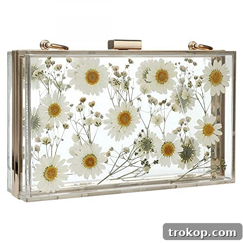 Clear Acrylic Purses and Handbags with Dried Flowers for Women Box Clutch Elegant Banquet Evening Crossbody Handbag (White b) Clear Acrylic Purses and Handbags with Dried Flowers for Women Box Clutch Elegant Banquet Evening Crossbody Handbag (White b)