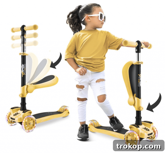 48 Irresistible Toys That Kids Will Love 15 Girl riding a yellow 2-in-1 scooter that converts to a tricycle, a versatile outdoor toy.