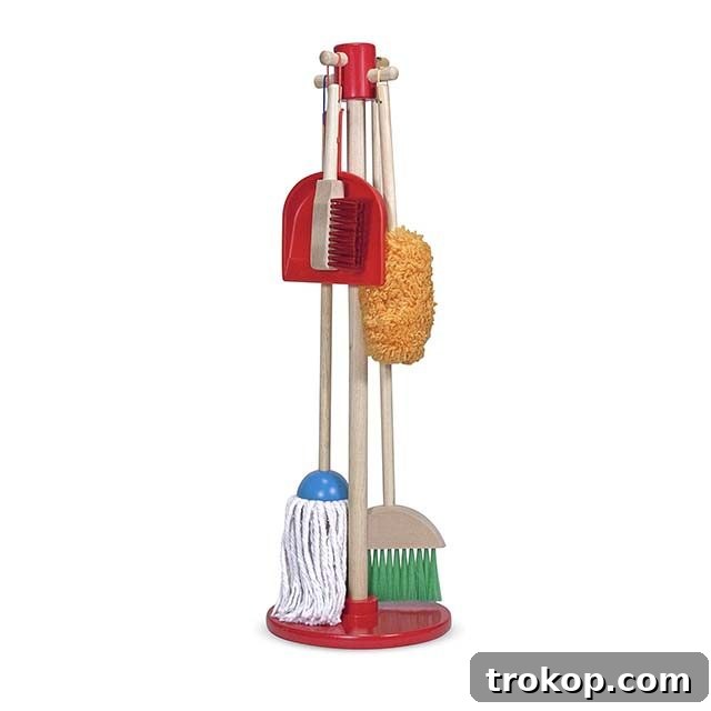 48 Irresistible Toys That Kids Will Love 35 Kids cleaning rack with brooms and mops, a Melissa & Doug pretend play set.