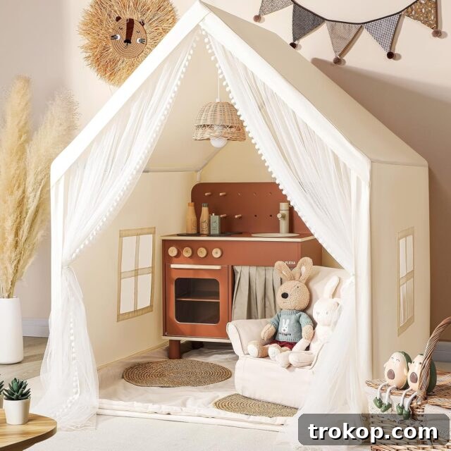 48 Irresistible Toys That Kids Will Love 37 Kids Tent Beige Play Tent with Long Mesh Curtain, a large indoor playhouse for imaginative play.