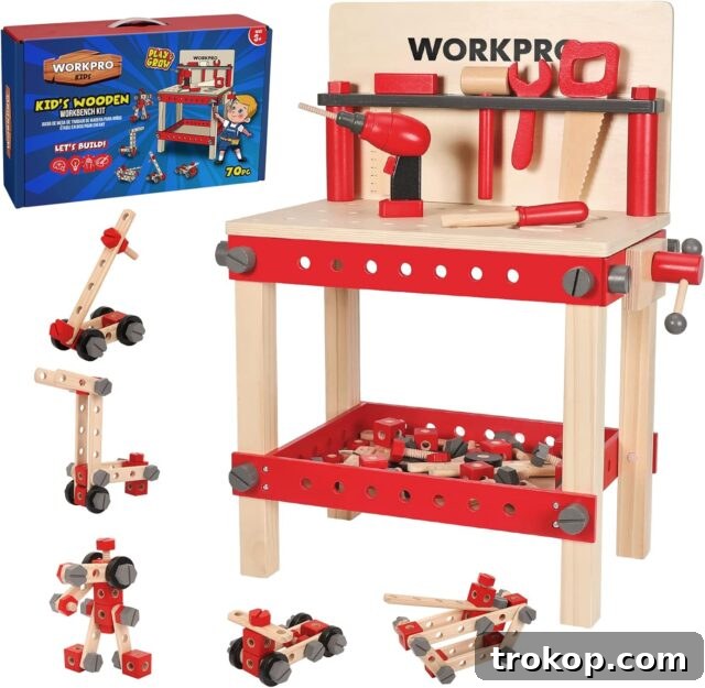 48 Irresistible Toys That Kids Will Love 39 Wooden Workbench Kit for kids, fostering learning through play with wooden tools.