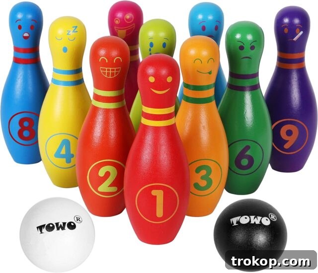 48 Irresistible Toys That Kids Will Love 44 Wooden bowling game, teaching numbers, colors, and motor skills.