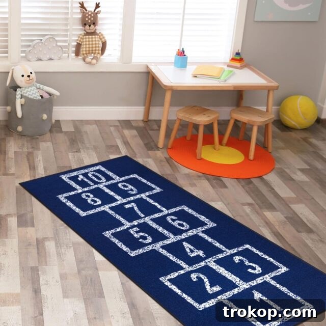48 Irresistible Toys That Kids Will Love 49 Hopscotch game rug, doubling as a runner and providing timeless entertainment for a kids playroom.