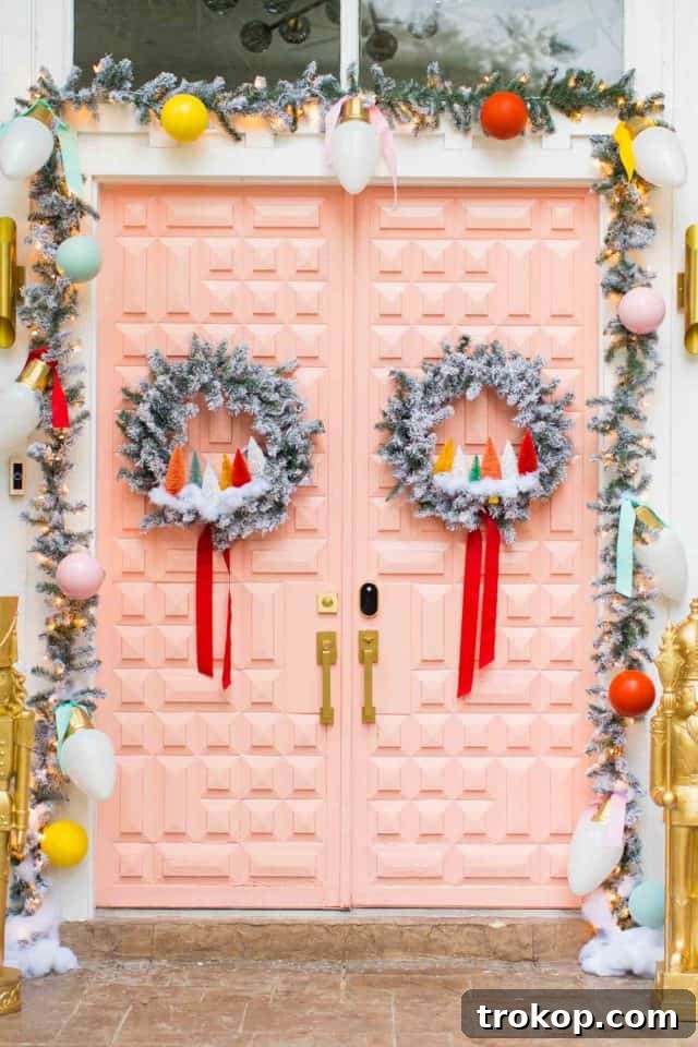 Vibrant Holiday Welcome: Christmas Doorway Designs 11 Pink door front door Christmas decor
