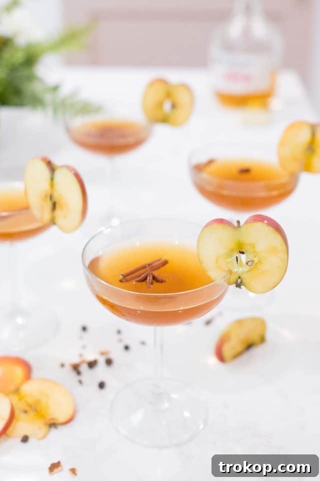 A close-up of the easy spiced apple cider drink, adorned with elegant apple and cinnamon stick garnishes. Photo by top Houston lifestyle blogger Ashley Rose of Sugar & Cloth.