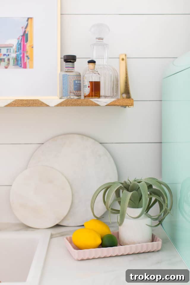 Modern farmhouse wet bar with wood shiplap and open shelving