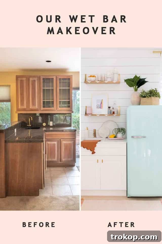 Before and after view of our new wet bar design, showcasing the dramatic transformation