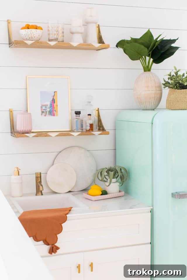 Detailed view of the wet bar countertop made from repurposed porcelain