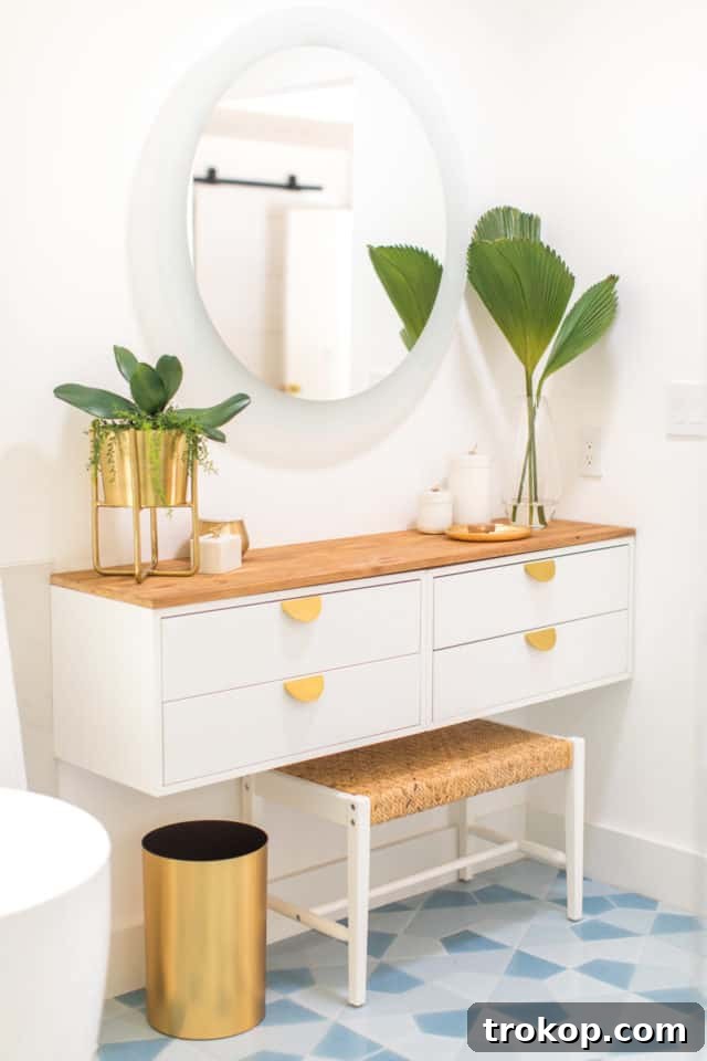 A beautifully crafted DIY dressing table featuring IKEA components, adorned with modern half-moon pulls and a warm wood top.