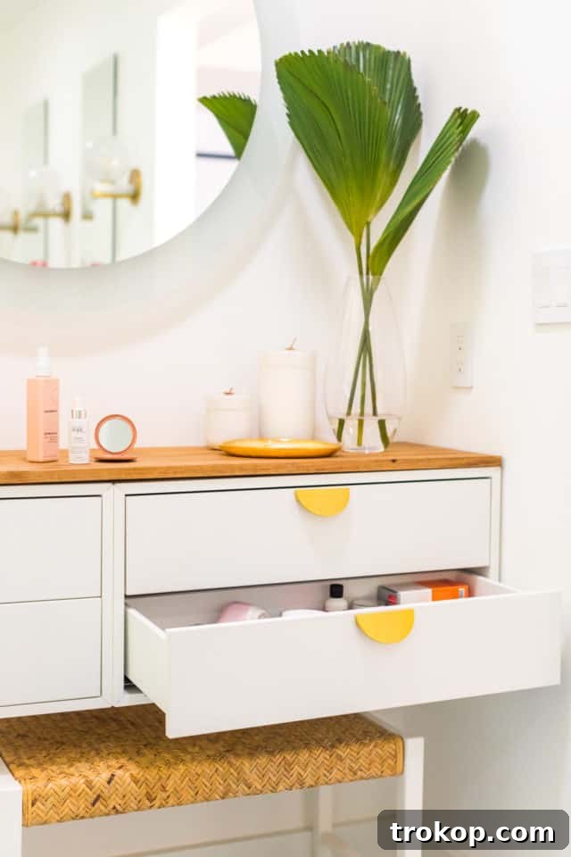 A chic and modern DIY IKEA vanity hack, perfect for bathroom storage and adding a stylish touch.