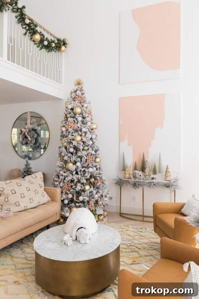 A Pink and Gold Christmas Dream in Our Living Room 3 10 ft christmas tree and abstract pink decor in living room