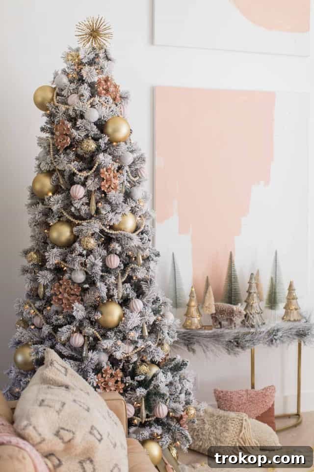 A Pink and Gold Christmas Dream in Our Living Room 5 pink ornaments on a christmas tree