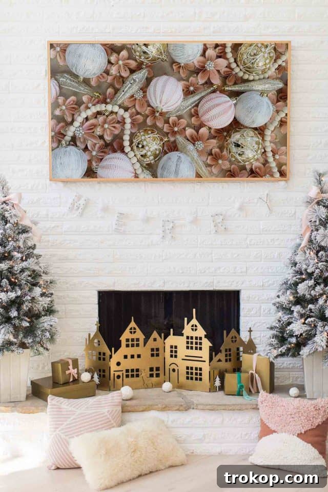 A Pink and Gold Christmas Dream in Our Living Room 7 photo of a frame tv above a christmas fireplace