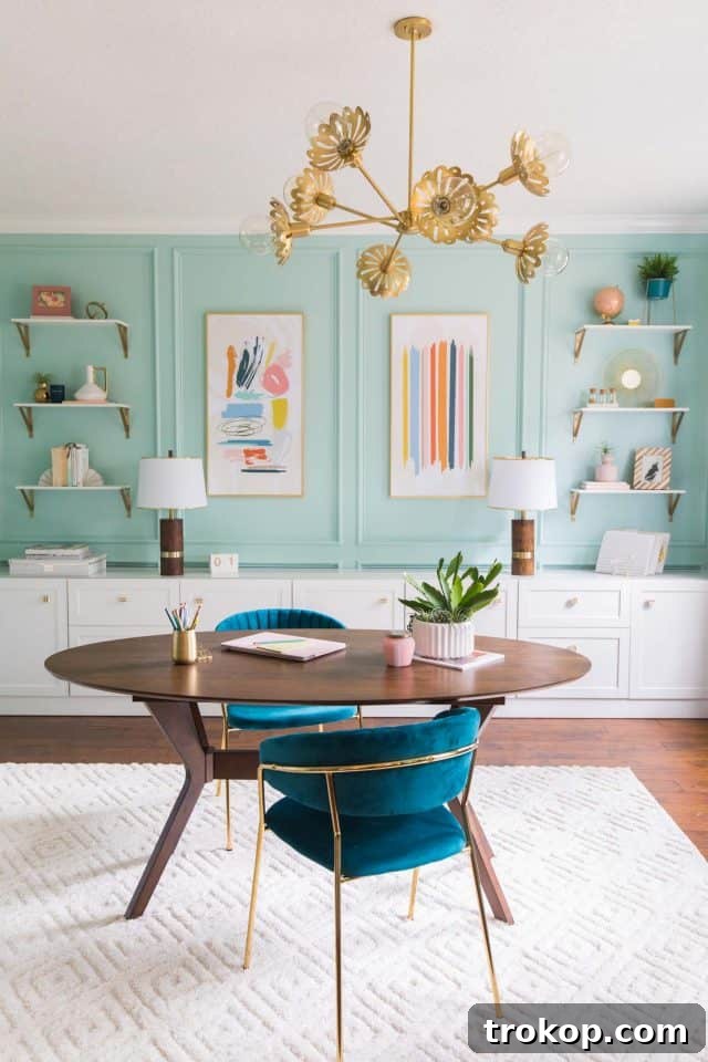 Unveiling Our Dream Home Office Design 2 A beautifully designed modern home office with a central desk, comfortable chairs, and accent wall