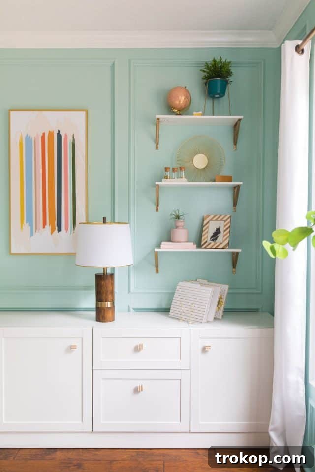 Unveiling Our Dream Home Office Design 9 Functional home office storage unit with open shelves styled with decorative items.