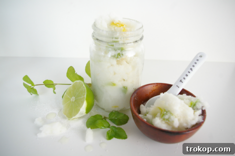 Finished Citrus Sugar Scrub The finished DIY Organic Citrus Sugar Scrub in a jar, ready for use.