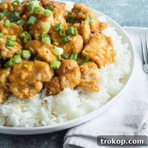 Zesty Orange Chicken 11 Close-up shot of the finished easy orange chicken dinner, garnished with green onions and sesame seeds, showcasing the crispy texture and glossy sauce, by Houston lifestyle blogger Ashley Rose of Sugar & Cloth.