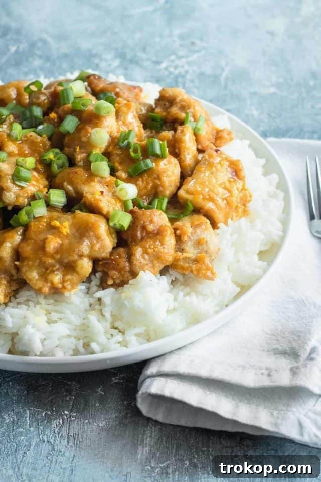 Zesty Orange Chicken 8 Close-up shot of the finished easy orange chicken dinner, garnished with green onions and sesame seeds, showcasing the crispy texture and glossy sauce, by Houston lifestyle blogger Ashley Rose of Sugar & Cloth.