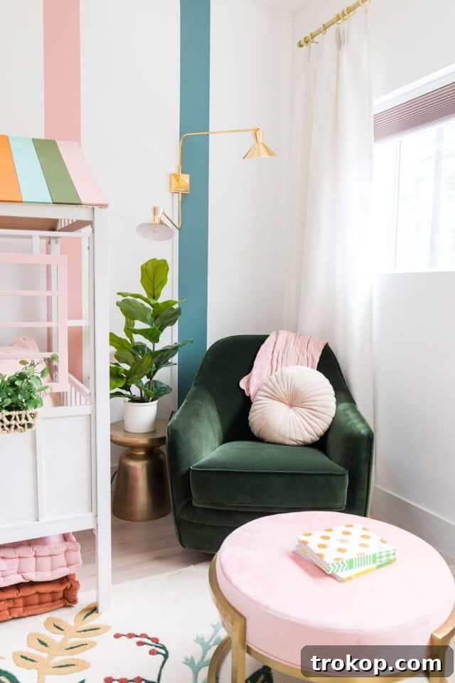 Vibrant Little Girls Room Makeover 18 Another angle of the DIY house bed and the surrounding colorful decor.