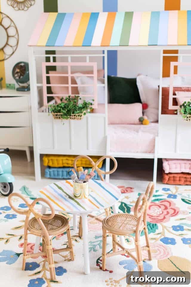 Vibrant Little Girls Room Makeover 21 The kids' table with rattan bow chairs and the DIY painted top.
