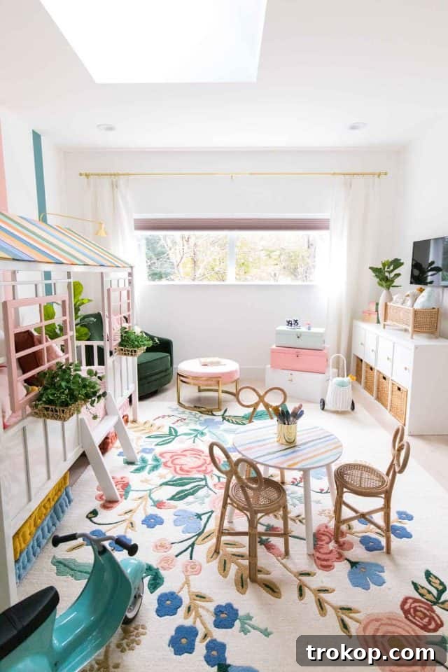 Vibrant Little Girls Room Makeover 23 Reading nook with a cozy chair, rattan mirror, and soft window treatments.