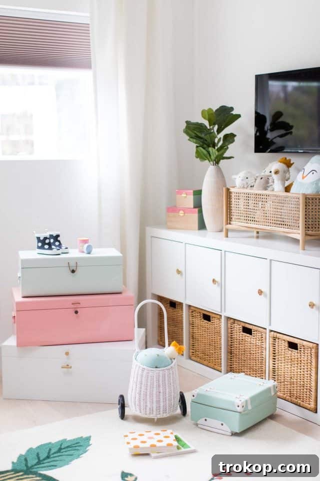 Vibrant Little Girls Room Makeover 24 Storage solutions in Gwen's room, including colorful trunks and a Kallax unit with rattan bins.