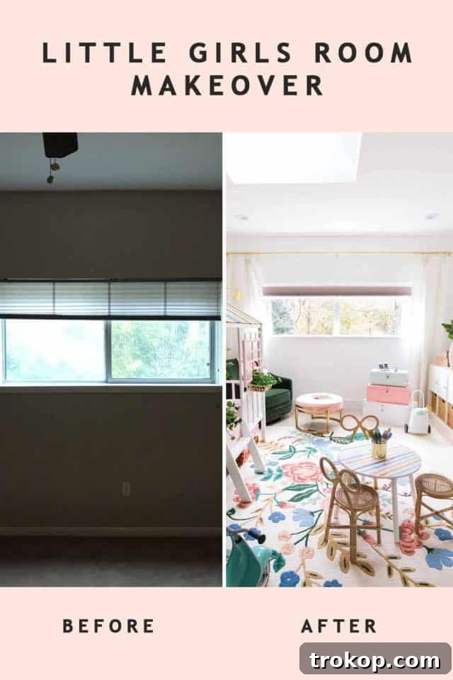 Vibrant Little Girls Room Makeover 10 Before and after comparison of Gwen's room, highlighting the dramatic change.