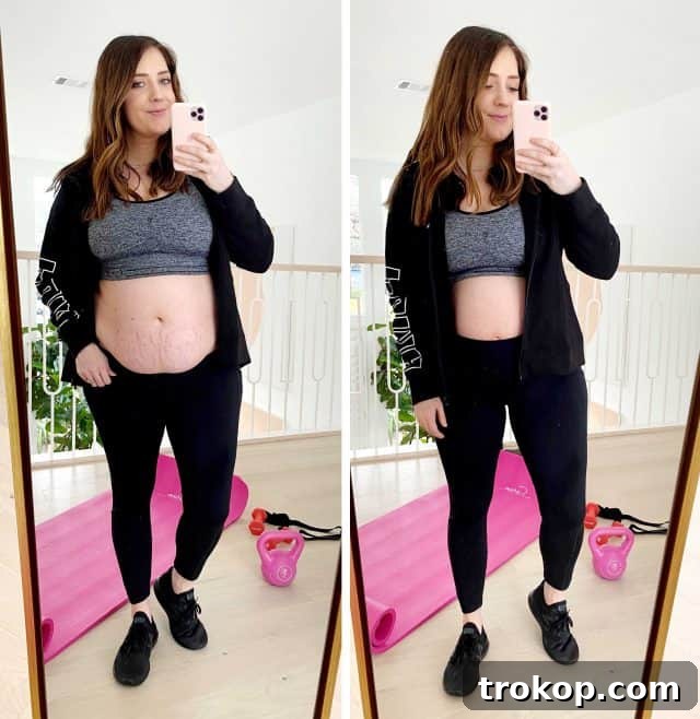 Mom's Fitness Reset: Real Goals Real Life 5 Side-by-side comparison of postpartum body with and without high-waisted leggings to show social media reality vs. perception