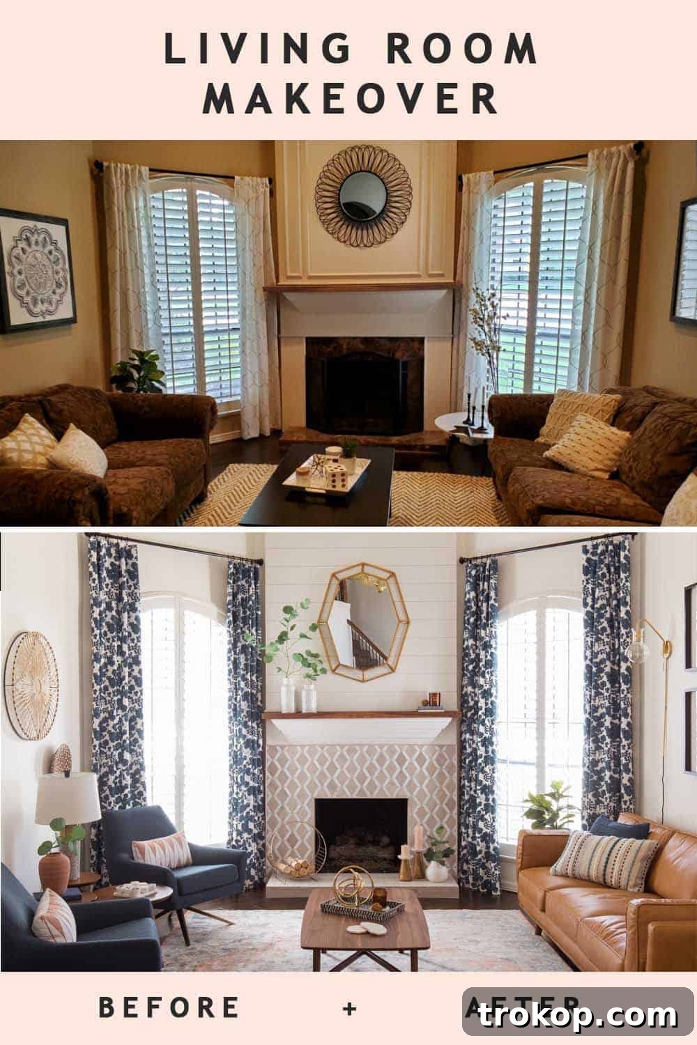 A Transitional Living Room's Stunning Style Transformation 3 Dramatic before and after photo of the living room makeover, highlighting the stunning transformation from outdated to modern transitional.