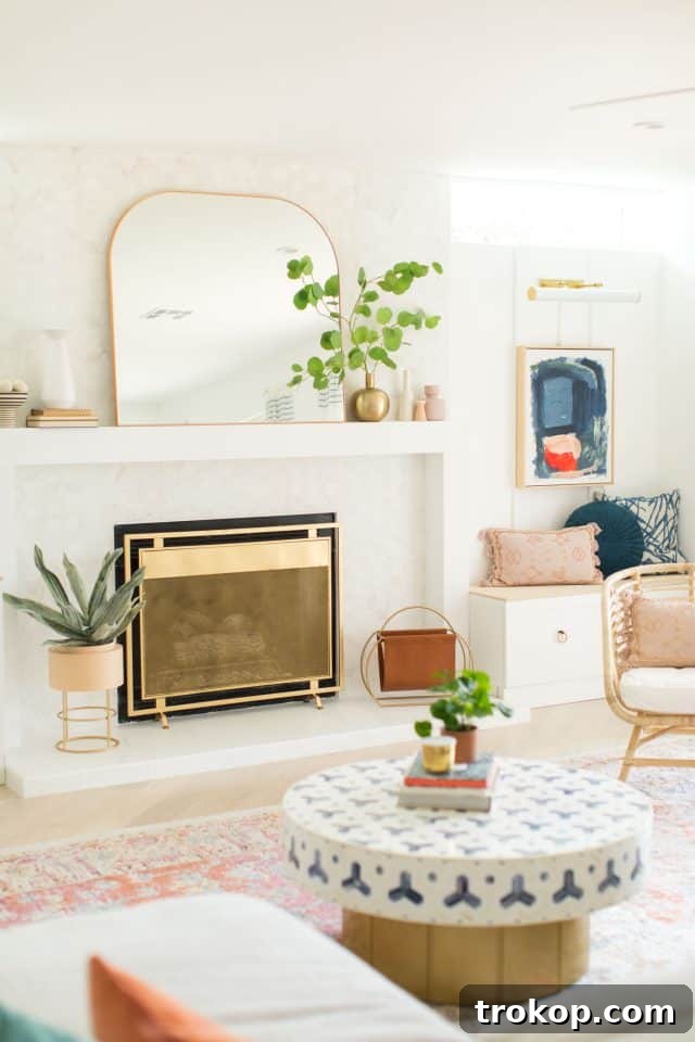 Bright white modern lakeside living room with large sectional sofa