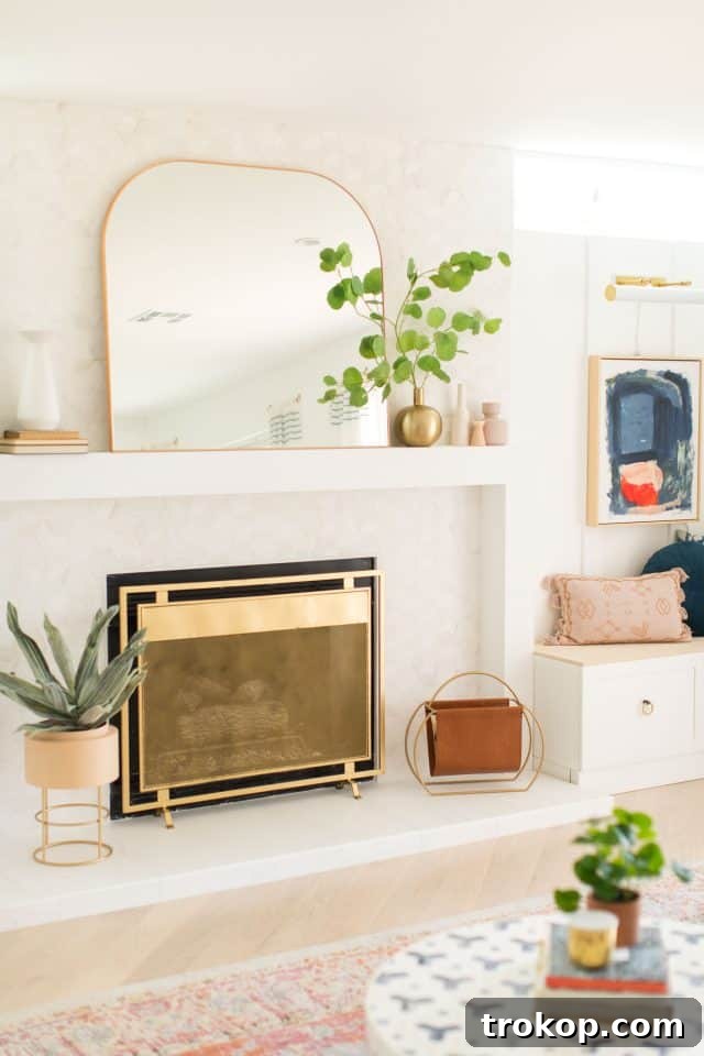 Close-up of fireplace with Bianco Puro combed hexagon tiles