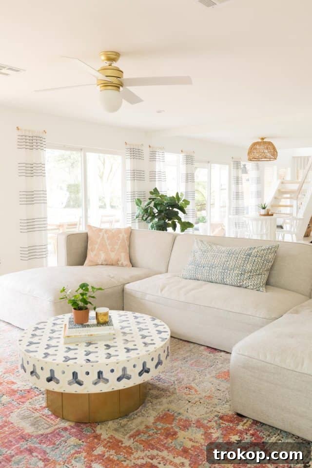 Side view of the modern sectional sofa and stylish coffee table