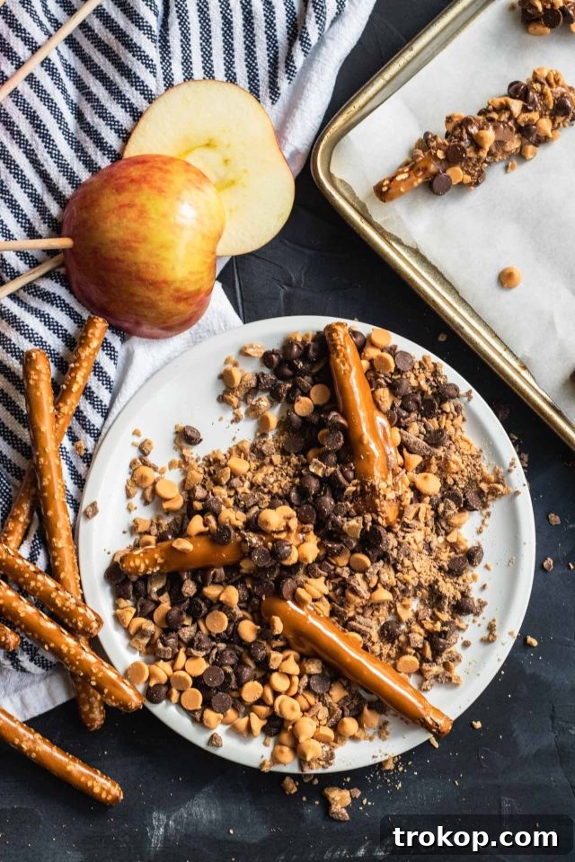 Sweet & Salty Perfection: Chocolate Pretzels and Candy Apples 5 Pretzels ready to be dipped in a chocolate caramel mixture by Sugar & Cloth