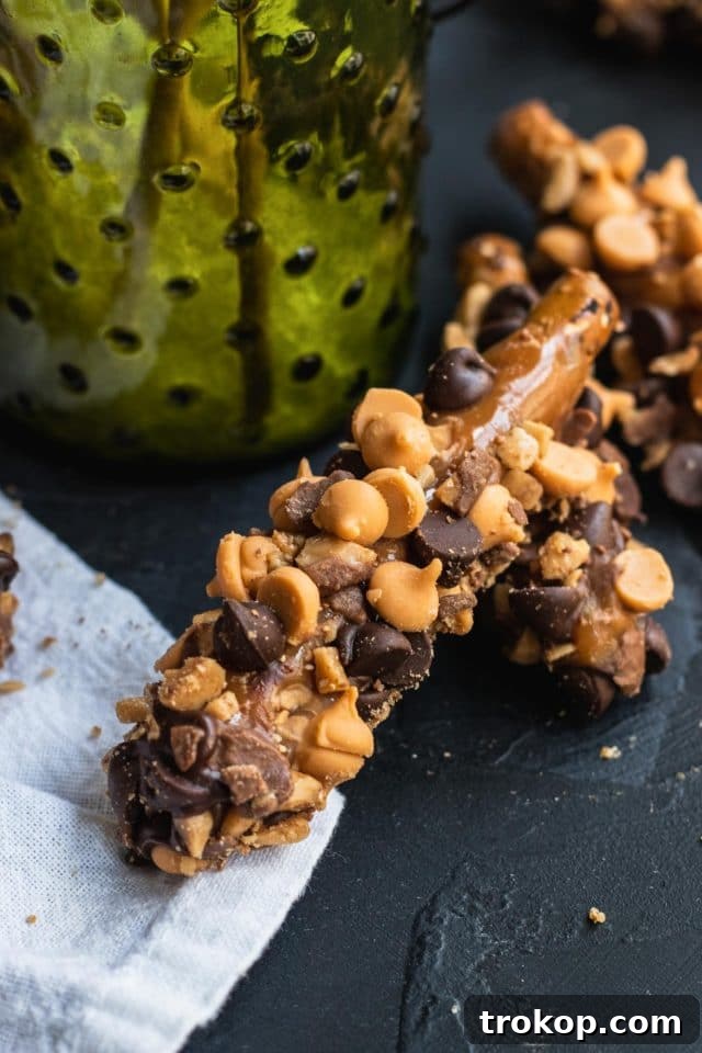 Sweet & Salty Perfection: Chocolate Pretzels and Candy Apples 8 Close up photo of chocolate dipped pretzels by Sugar & Cloth