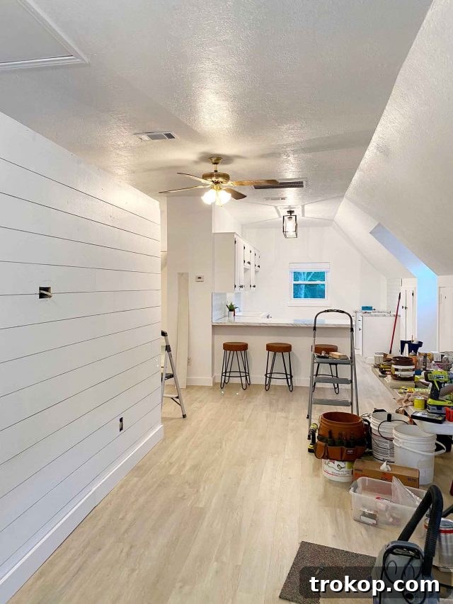 Weekly Highlights: Garage Makeover and Home Finds 3 Overview of a small apartment living area, showcasing crisp white walls and a modern farmhouse design direction.