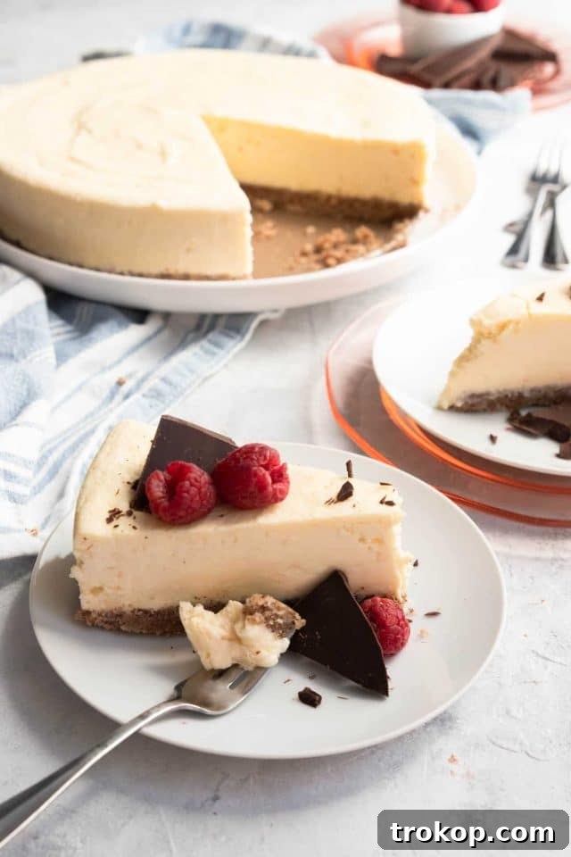 A pristine keto low carb cheesecake, ready to be served.