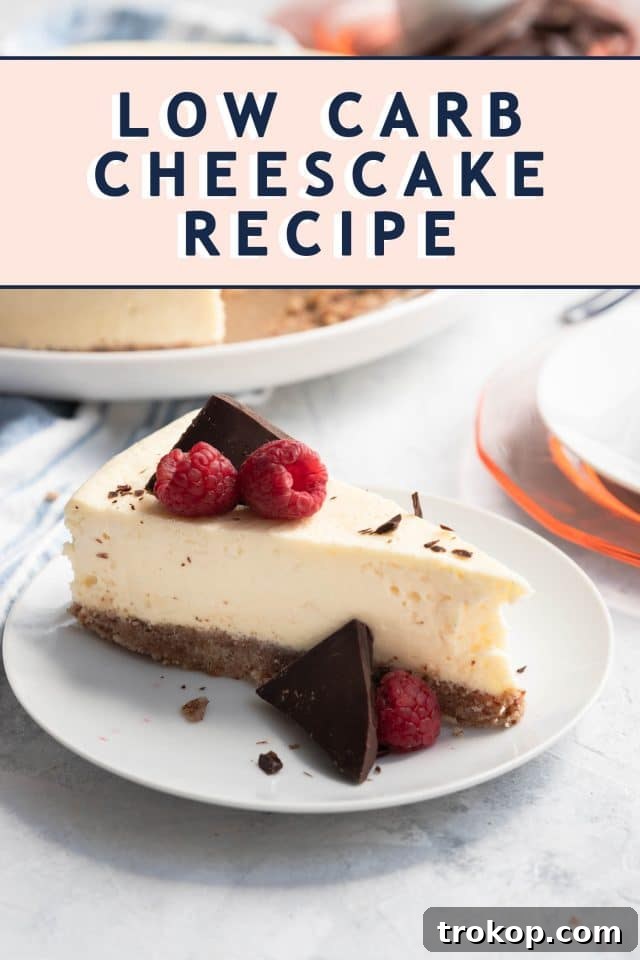 A recipe card visual for a low carb keto cheesecake, perfect for pinning.