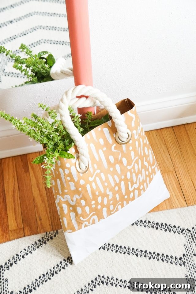A versatile DIY Patterned Paper Leather Tote, durable and washable, perfect for books, groceries, or errands.