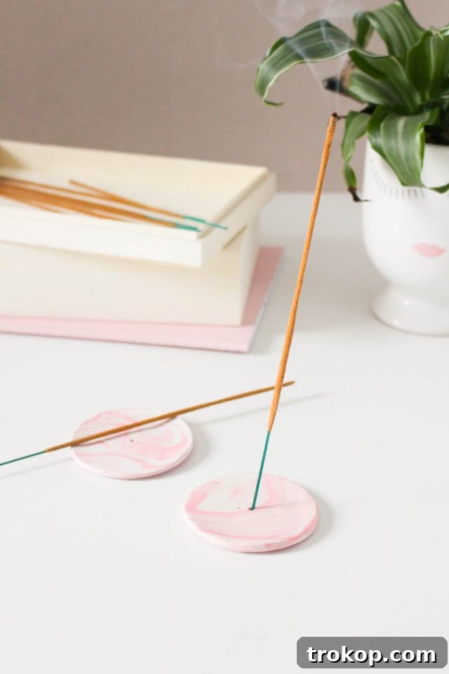 A beautiful Rose Marbled DIY Incense Holder made from polymer clay, a unique and fragrant home gift.