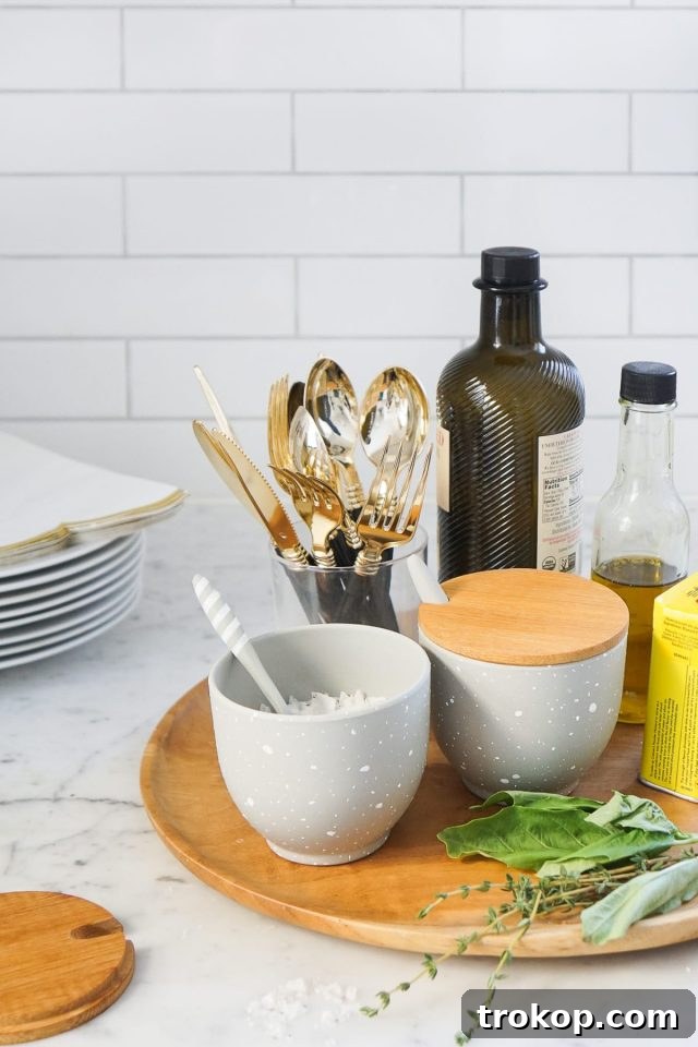 Chic Faux DIY Stoneware Salt Cellars, perfect for decanting specialty spices and a thoughtful gift for cooks and bakers.