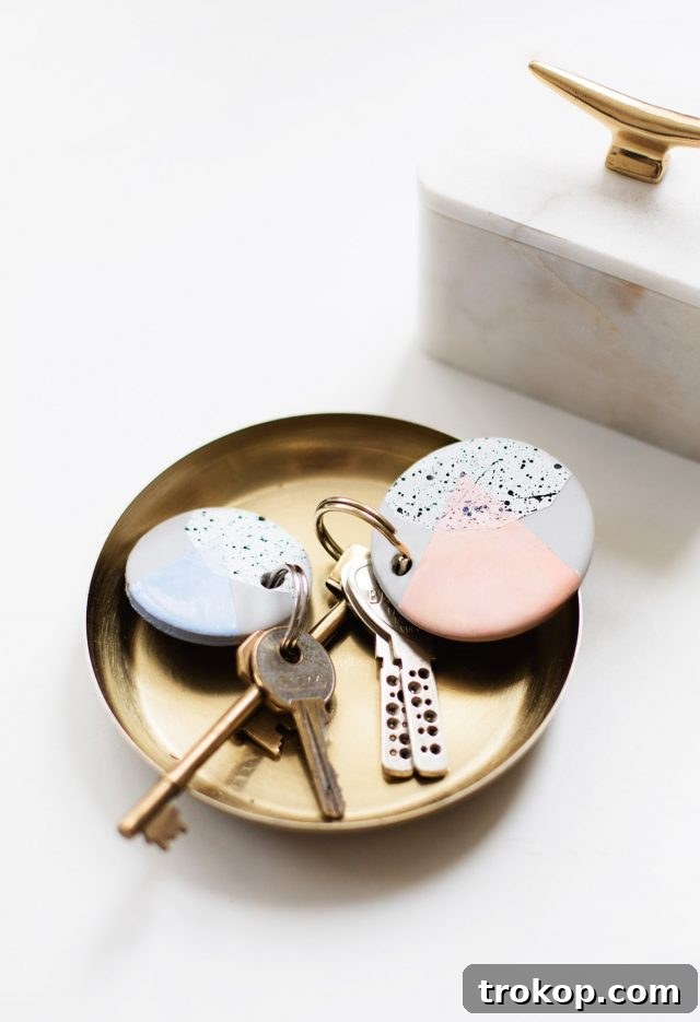 Adorable Speckled DIY Clay Keychains, a personalized and practical gift for friends and loved ones prone to losing keys.