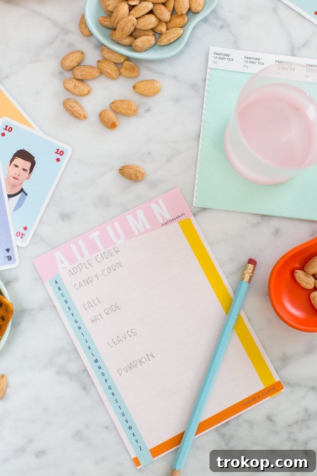 A fun DIY Printable Scattergories game, a personalized and entertaining gift for friends who love game nights.