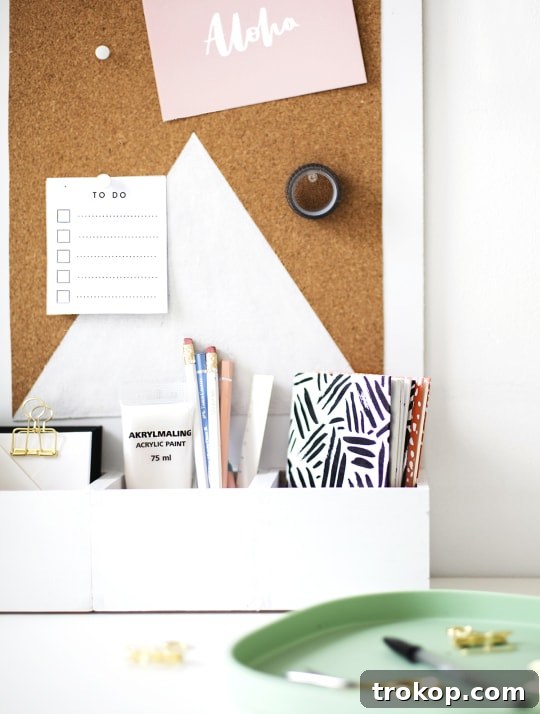 A practical and stylish DIY Desk Organizer with a geometric design cork board, perfect for coworkers or students.