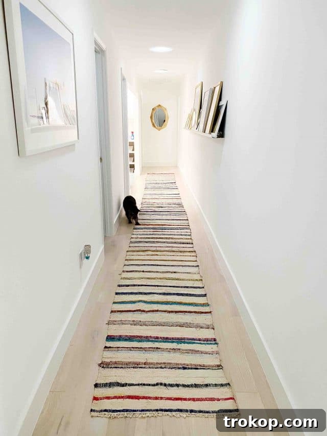 A sleek, modern cat walking down a newly renovated long hallway, showcasing fresh paint and clean lines, hinting at ongoing home improvement projects.
