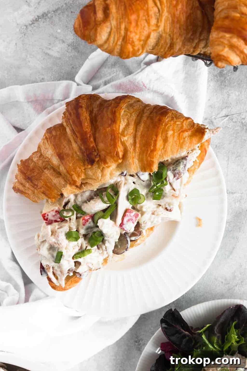The Definitive Chicken Salad 6 A gourmet chicken salad sandwich served on a flaky croissant, showcasing the recipe's versatility.
