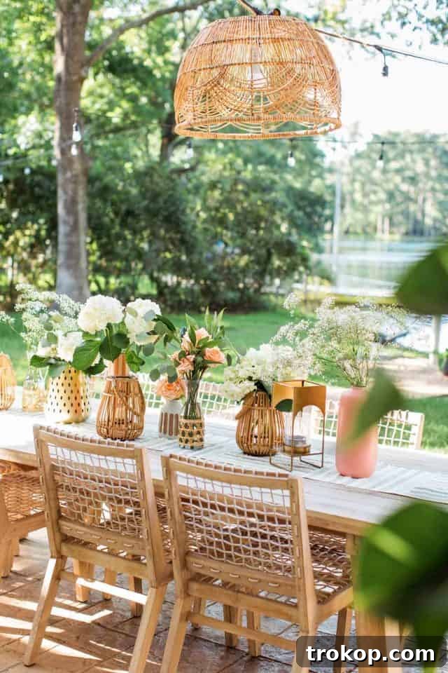 Light Up Your Patio: Cordless DIY Kit 2 A beautifully set outdoor dining table under a DIY battery-operated basket pendant light.