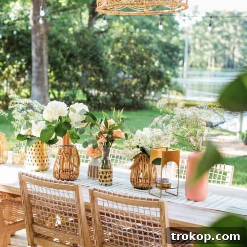 A pretty table scene in the backyard with a basket patio light