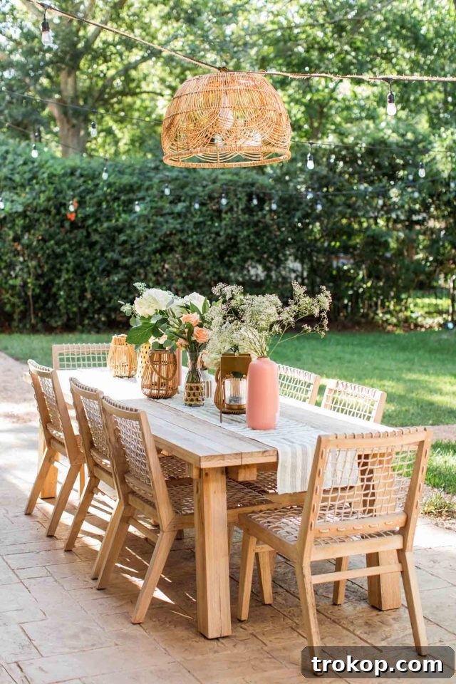 Light Up Your Patio: Cordless DIY Kit 3 Close-up of the DIY outdoor light hanging above the Teaka dining table.