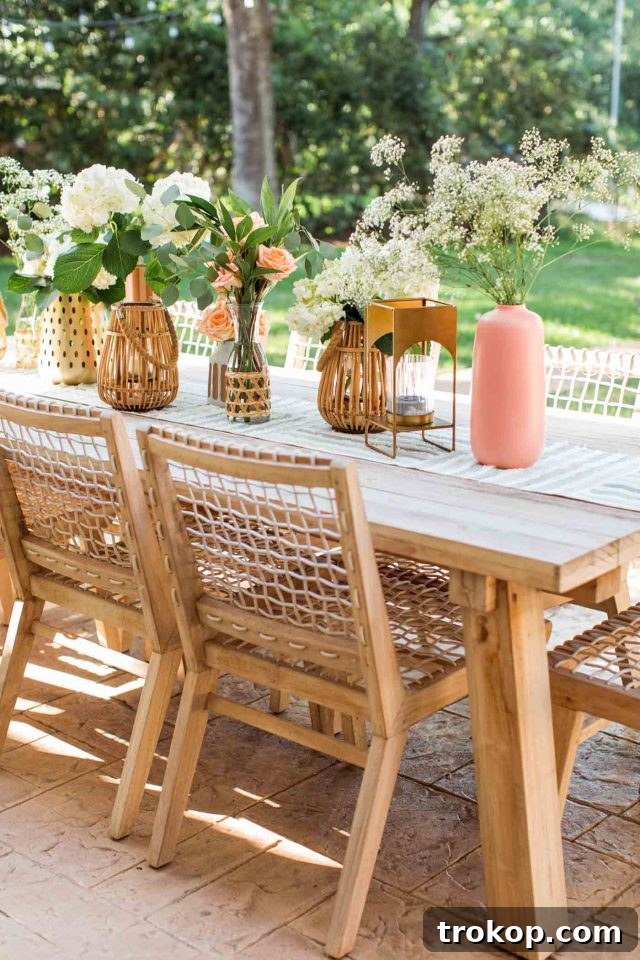 An inviting outdoor dining table and chairs, set with decorative vases, emphasizing a beautiful, fly-free entertaining space.